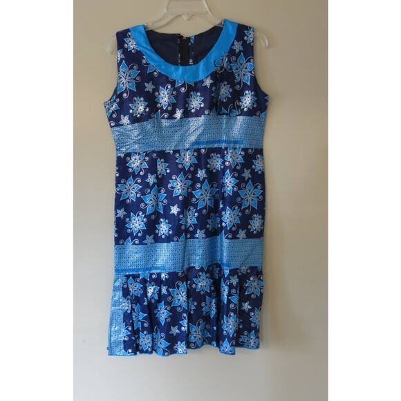 AFRICAN Handmade Ankara Dress Mid Length Sleeveless Floral Blue/Purple Ethnic - Picture 1 of 6